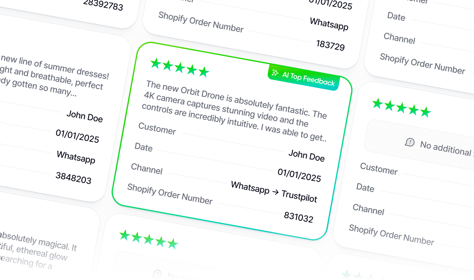 Feedback portal with customer review cards, order numbers and AI top feedback