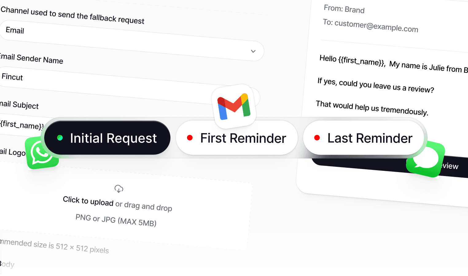 Multi-channel sequence with WhatsApp and Gmail across initial request and reminders